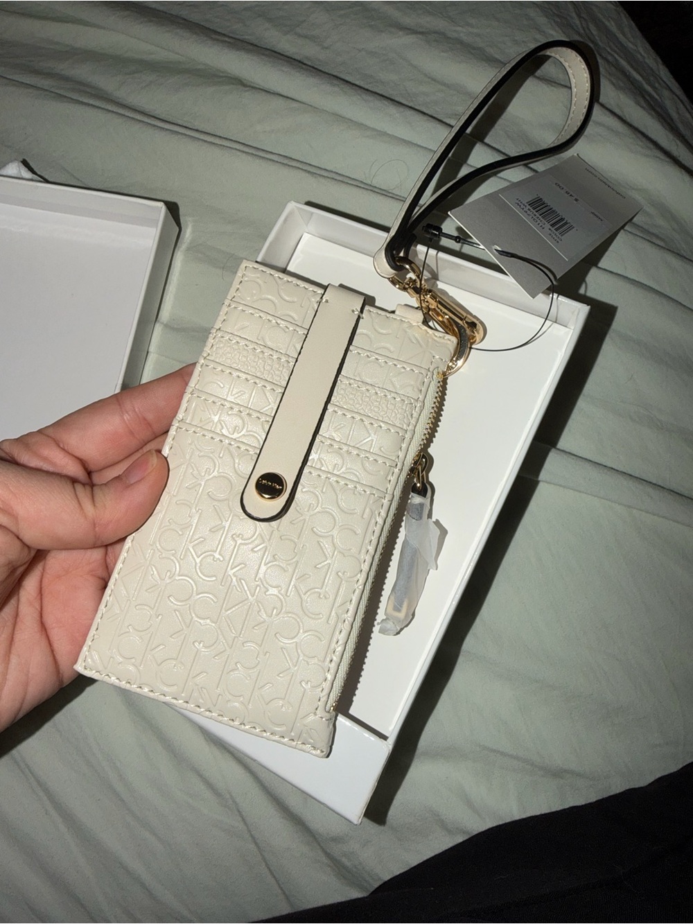 Calvin Klein Embossed Cream Wristlet Card Holder/Keychain with Box and Tag